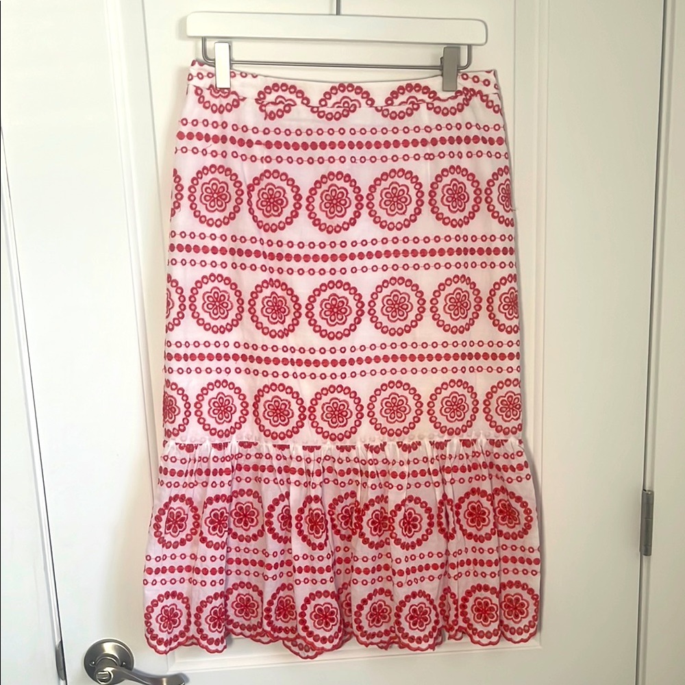 Boden Red & White Embroidered Midi Skirt Women's Sz 8 Summer Casual